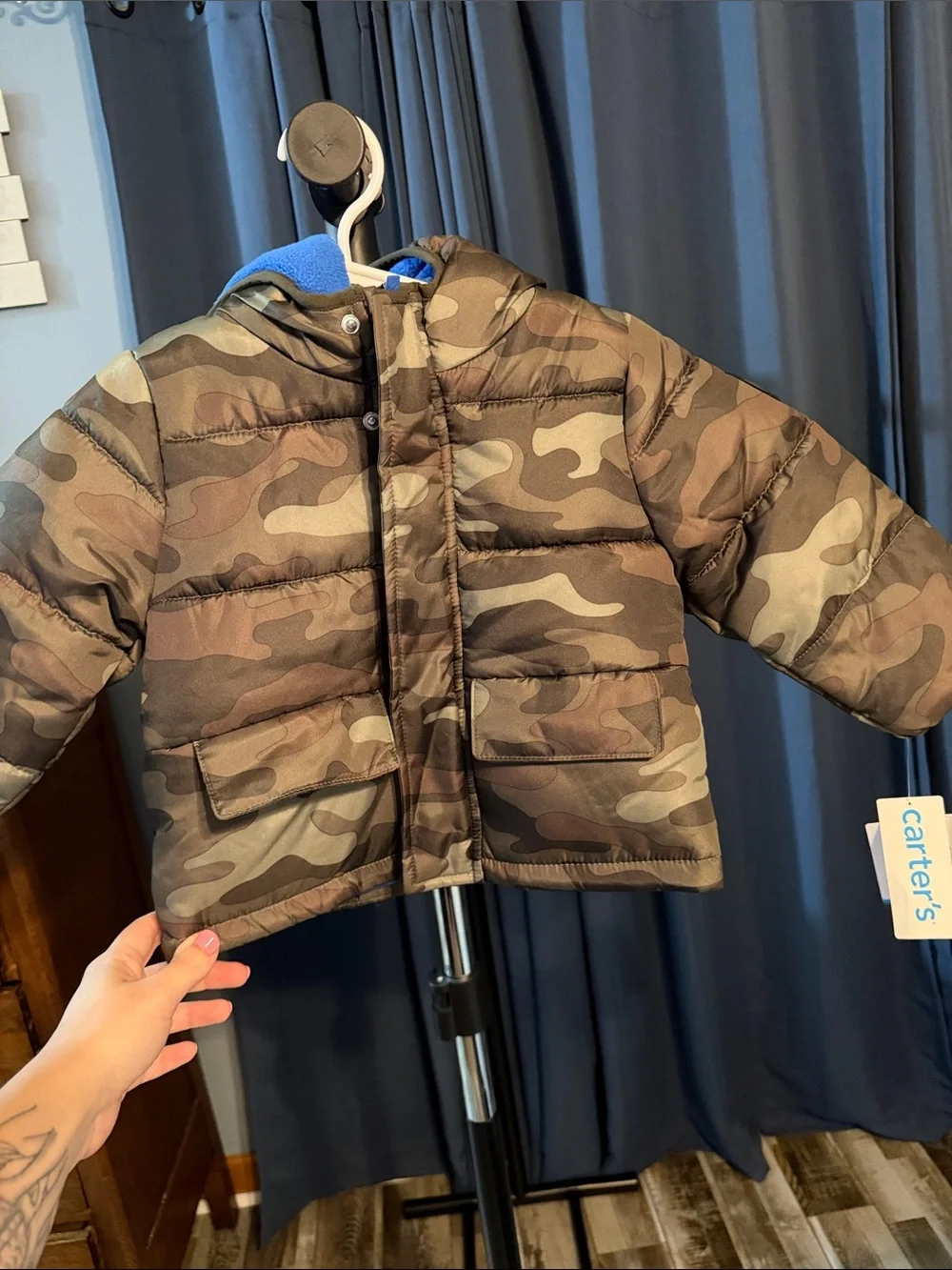 Carter's Boys' Camo Hooded Puffer Jacket - Brown & Green Camo with Blue Lining